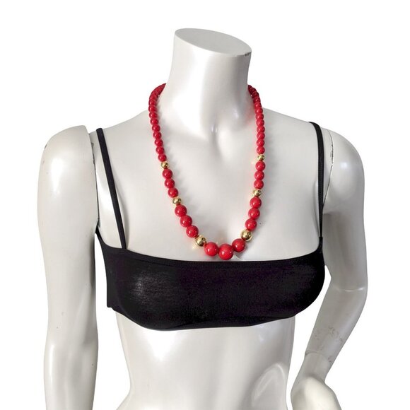 Vintage Chunky Round Acrylic Beaded Necklace Beads Red Gold 1980s Retro Costume - Picture 2 of 6
